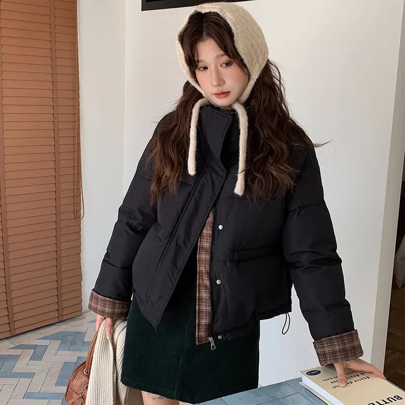 American Plaid Patchwork Puffer Jacket Women Winter Thick Stand Collar Short Parkas Woman Korean Casual Preppy Style Outerwear