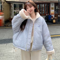 Korean Women's Reversible Striped Jacket Autumn Winter Stand Collar Fleece Lined Padded Coats Woman Loose Casual Plush Jackets