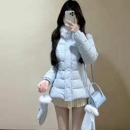 Sweet Light Blue Waist-cinching Padded Jacket Women Autumn Winter Faux Fur Collar Slim Puffer Jackets Woman Warm Thick Parkas