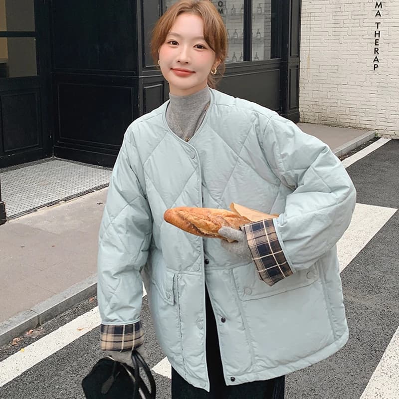 Retro Plaid Patchwork Lightweight Puffer Jacket Autumn Winter Loose Casual Quilted Jacket Female Round Neck Commute Padded Coats