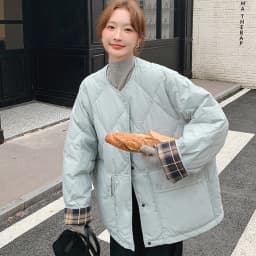 Retro Plaid Patchwork Lightweight Puffer Jacket Autumn Winter Loose Casual Quilted Jacket Female Round Neck Commute Padded Coats