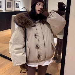 American Retro Large Hood Padded Jacket Women Faux Fur-Trim Collar Thick Parkas Woman Loose Warm Toggle Button Cotton Jackets