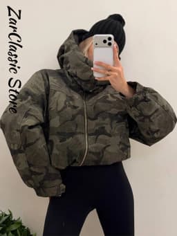 Fashion Camo Printed Women's Winter Jacket Casual Hooded Full Sleeve Loose Cropped Padded Coats New Street Chic Outwear 2026