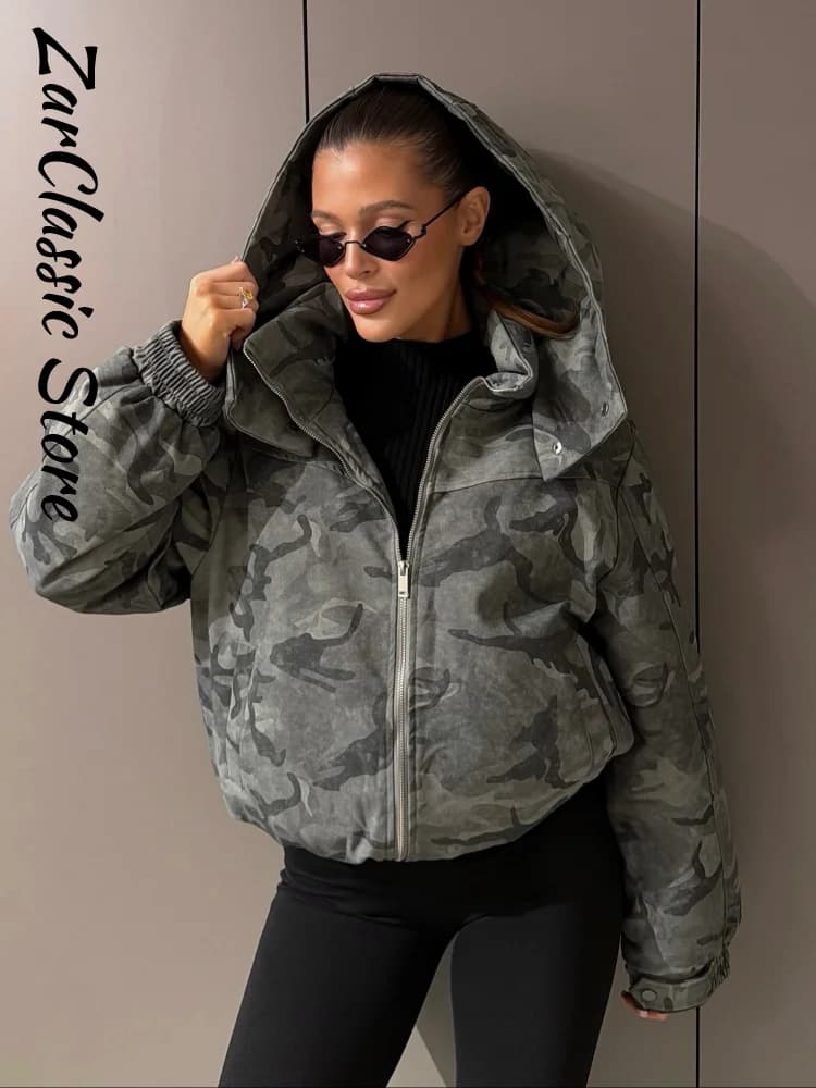 Fashion Camo Printed Women's Winter Jacket Casual Hooded Full Sleeve Loose Cropped Padded Coats New Street Chic Outwear 2026