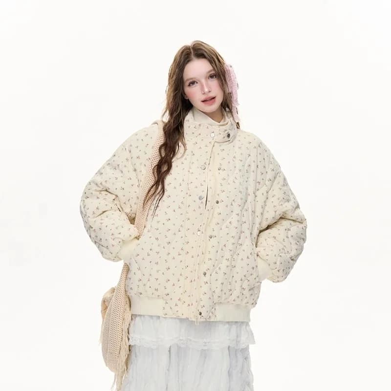 Korean Pink Floral Quilted Small Petite Down Cotton Parkas Women Stand Collar Button New Coat Fashion Warm Casual Cozy Soft