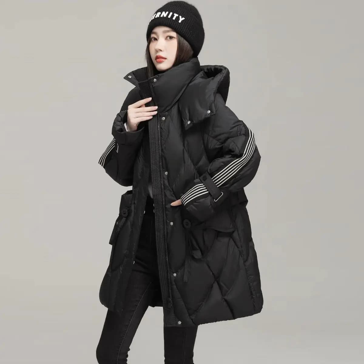 Winter Down Cotton Jacket Mid length Women's New Design sense Spliced Warm Thicken Parka Coat Female Loose Hooded Casual Jackets