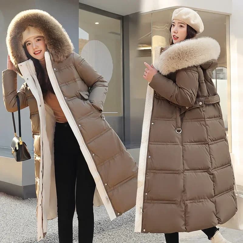 2026 Winter New Down Cotton Parkas Jacket Women's X-Long Faux Fur Collar Padded Jacket Thick Loose Large Size Padded Jacket