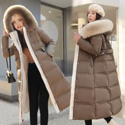 2026 Winter New Down Cotton Parkas Jacket Women's X-Long Faux Fur Collar Padded Jacket Thick Loose Large Size Padded Jacket