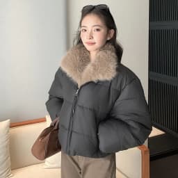 Korean Women's Short Puffer Jacket with Large Fur Collar Women Loose Thick Padded Cotton Coats Female Solid Casual Zipper Parkas