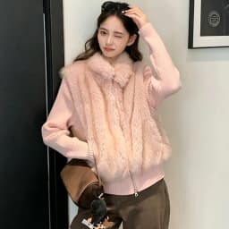 Korean Faux Fur Vest Knitted Long Sleeve Coats Women Chic Zip-Up Turn Down Collar Fluffy Parkas Woman Warm Winter Cotton Jackers