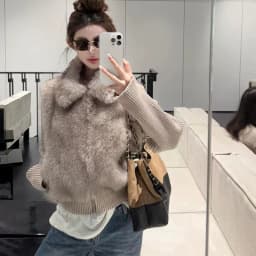 Korean Faux Fur Vest Knitted Long Sleeve Coats Women Chic Zip-Up Turn Down Collar Fluffy Parkas Woman Warm Winter Cotton Jackers