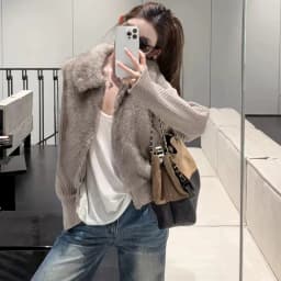 Korean Faux Fur Vest Knitted Long Sleeve Coats Women Chic Zip-Up Turn Down Collar Fluffy Parkas Woman Warm Winter Cotton Jackers