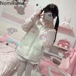 Winter Clothes for Women Japanese Cute Parkas Stand Neck Thicked Outerwear Contrast Color Cartoon Print Jackets Warm Cute Tops