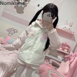 Winter Clothes for Women Japanese Cute Parkas Stand Neck Thicked Outerwear Contrast Color Cartoon Print Jackets Warm Cute Tops