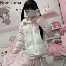 Winter Clothes for Women Japanese Cute Parkas Stand Neck Thicked Outerwear Contrast Color Cartoon Print Jackets Warm Cute Tops