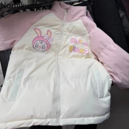 Winter Clothes for Women Japanese Cute Parkas Stand Neck Thicked Outerwear Contrast Color Cartoon Print Jackets Warm Cute Tops
