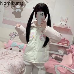 Winter Clothes for Women Japanese Cute Parkas Stand Neck Thicked Outerwear Contrast Color Cartoon Print Jackets Warm Cute Tops