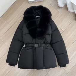 Luxury Faux Fur Turn Down Collar Parkas Women Waistband Thicken Warm Down Cotton Coats Woman Fashion Long Sleeve Puff Overcoat