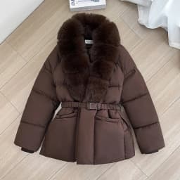 Luxury Faux Fur Turn Down Collar Parkas Women Waistband Thicken Warm Down Cotton Coats Woman Fashion Long Sleeve Puff Overcoat