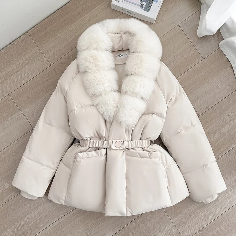 Luxury Faux Fur Turn Down Collar Parkas Women Waistband Thicken Warm Down Cotton Coats Woman Fashion Long Sleeve Puff Overcoat