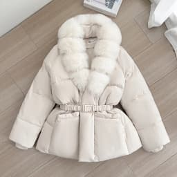 Luxury Faux Fur Turn Down Collar Parkas Women Waistband Thicken Warm Down Cotton Coats Woman Fashion Long Sleeve Puff Overcoat