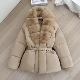 Luxury Faux Fur Turn Down Collar Parkas Women Waistband Thicken Warm Down Cotton Coats Woman Fashion Long Sleeve Puff Overcoat