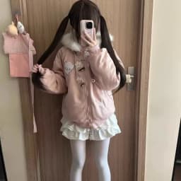Japanese Kawaii Lolita Style Parkas Women Sweet Cartoon Cat Embroidery Casual Hooded Coat Girls Y2k Aesthetic Warm Plush Jacket