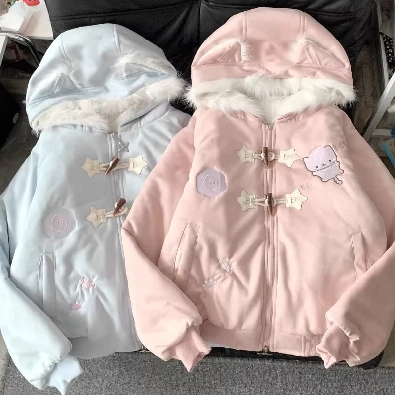 Japanese Kawaii Lolita Style Parkas Women Sweet Cartoon Cat Embroidery Casual Hooded Coat Girls Y2k Aesthetic Warm Plush Jacket