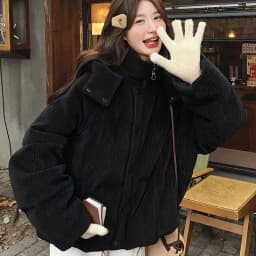 Korean Pink Corduroy Hooded Padded Jacket for Women 2026 Winter Loose Warm Outerwear Female Solid Casual Zipper Cotton Jackets