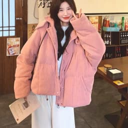 Korean Pink Corduroy Hooded Padded Jacket for Women 2026 Winter Loose Warm Outerwear Female Solid Casual Zipper Cotton Jackets