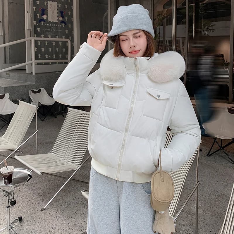 Fashion Multi Pockets Hooded Parkas for Women Winter Thick Warm Padded Jacket Female Solid Color Korean Cropped Puffer Jackets