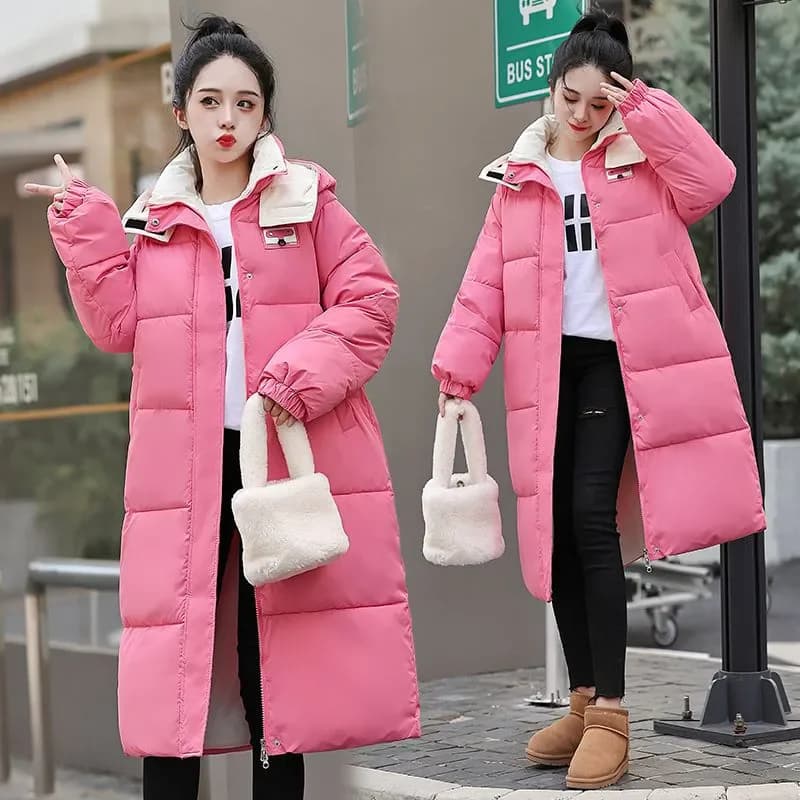 Long Hooded Puffer Coat Women Contrast Collar Warm Quilted Parka Zip‑Up Loose Windproof Winter Outerwear Ladies Padded Jacket