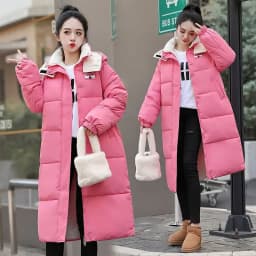 Long Hooded Puffer Coat Women Contrast Collar Warm Quilted Parka Zip‑Up Loose Windproof Winter Outerwear Ladies Padded Jacket