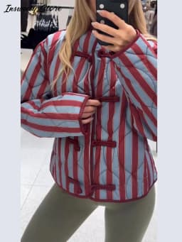  Casual Stripe Padded Coats Women's Stand Collar Long Sleeve Loose Warm Frog Buttons Quilted Jackets 2026 New Lady Outerwear