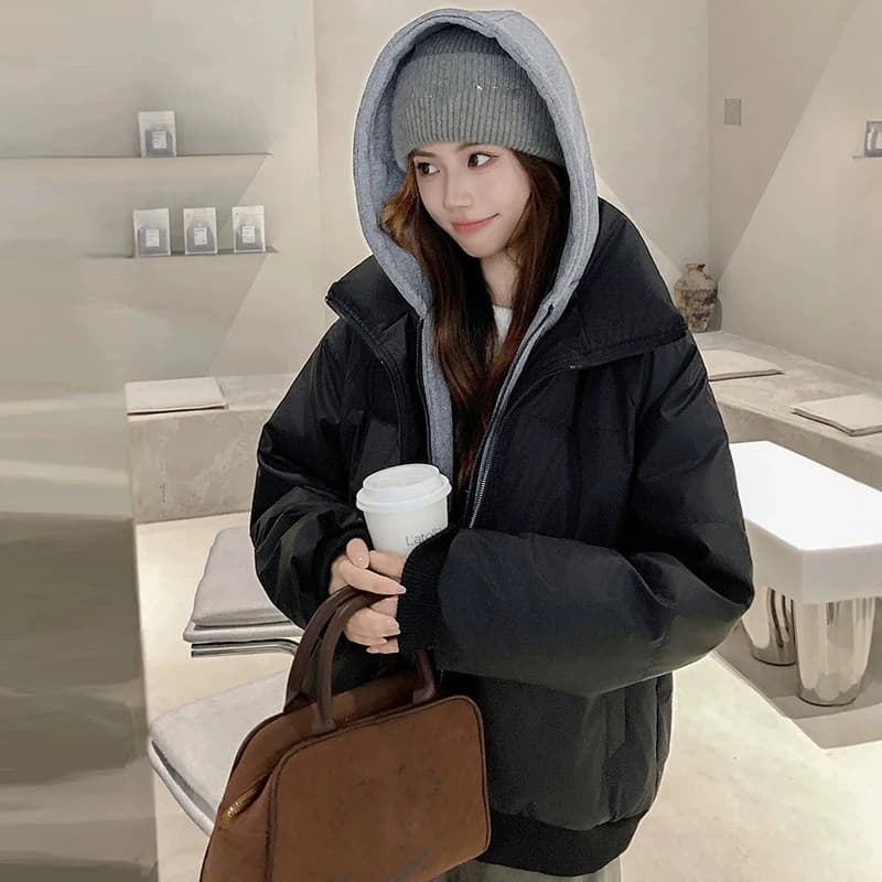 Retro Fake Two-Piece Hooded Puffer Jackets for Women Solid Color Casual Zip Up Padded Parkas Female Winter Warm Thick Outerwear