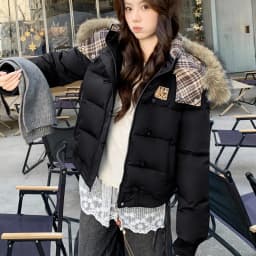 American Retro Cropped Hooded Cotton Padded Jacket Women Plaid Spliced Solid Color Parkas Women Winter Fleece Lined Thick Jacket
