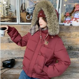 American Retro Cropped Hooded Cotton Padded Jacket Women Plaid Spliced Solid Color Parkas Women Winter Fleece Lined Thick Jacket