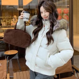 American Retro Cropped Hooded Cotton Padded Jacket Women Plaid Spliced Solid Color Parkas Women Winter Fleece Lined Thick Jacket