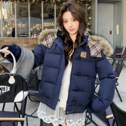 American Retro Cropped Hooded Cotton Padded Jacket Women Plaid Spliced Solid Color Parkas Women Winter Fleece Lined Thick Jacket
