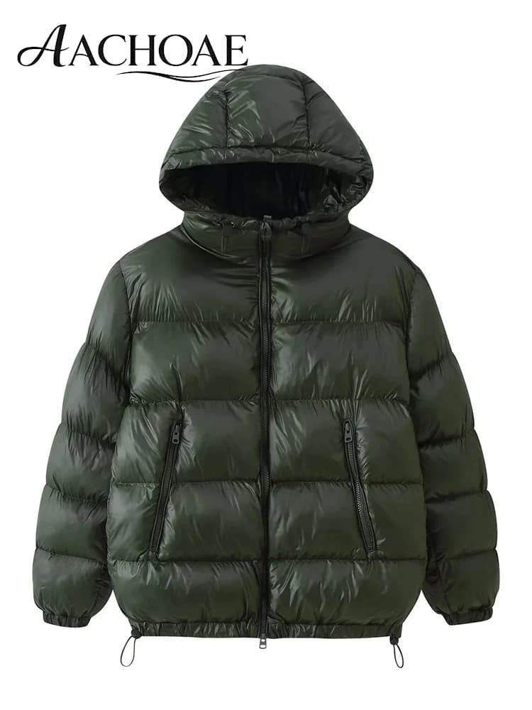 AACHOAE Women Shiny Hooded Puffer Jacket Zip Up Padded Coat with Zipper Pockets Drawstring Hem Loose Fit Warm Winter Outerwear