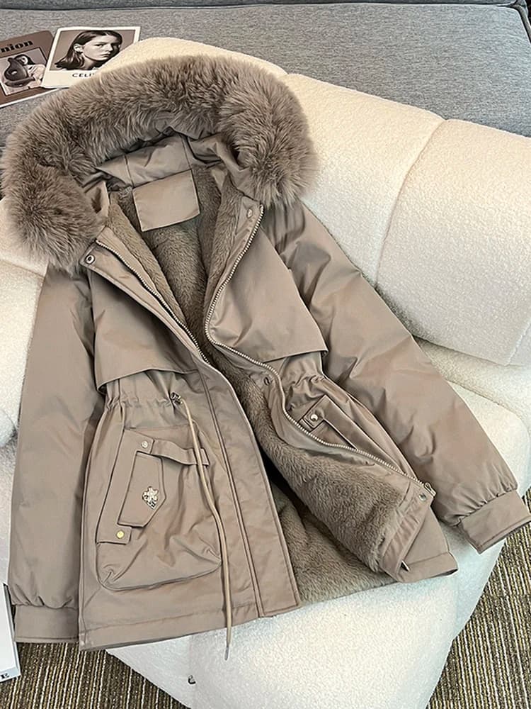 Women's Short Thickened Fleece Lined Cotton Jacket Winter New Style Commute Simple Style Loose Fit Zipper Pocket Hooded Coat