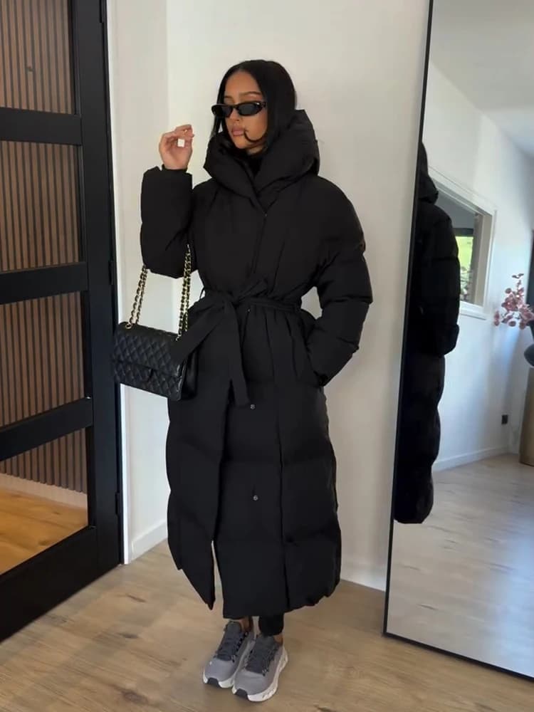 Elegant Long Belted Waist Tie Hooded Puffer Coat Quilted Thick Maxi 2026 Winter Daily Travel Outdoor Outerwear Casual Overcoat