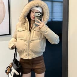 Retro British Short Hooded Parkas Women Winter Detachable Faux-Fur Collar Padded Jacket Woman Solid Multi Pockets Puffer Jackets