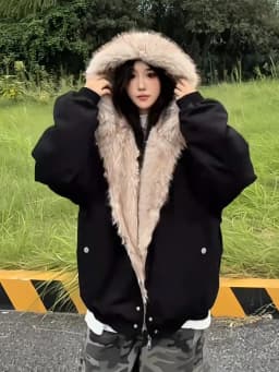Y2K Streetwear Women Faux Fur Hood Jacket Black Cropped American Retro ZipUp Coat Harajuku Aesthetic Autumn Winter Outerwear