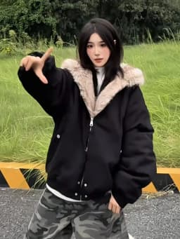 Y2K Streetwear Women Faux Fur Hood Jacket Black Cropped American Retro ZipUp Coat Harajuku Aesthetic Autumn Winter Outerwear