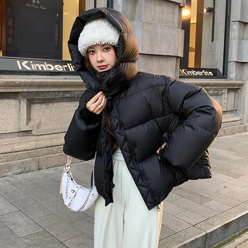 Windproof Zipper Up Stand Collar Puff Parkas Women Thicken Warm Hooded Down Cotton Coats Woman Korean Long Sleeve Short Parkas