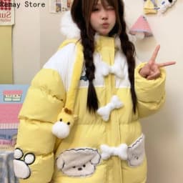 Korean Fashion Kawaii Yellow Thicken Jacket American Retro Y2k Aesthetic Japanese Lolita Loose Coat Women's Winter Coat Parkas