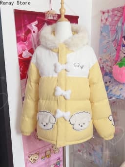 Korean Fashion Kawaii Yellow Thicken Jacket American Retro Y2k Aesthetic Japanese Lolita Loose Coat Women's Winter Coat Parkas