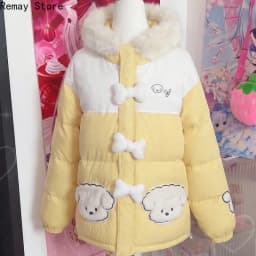 Korean Fashion Kawaii Yellow Thicken Jacket American Retro Y2k Aesthetic Japanese Lolita Loose Coat Women's Winter Coat Parkas