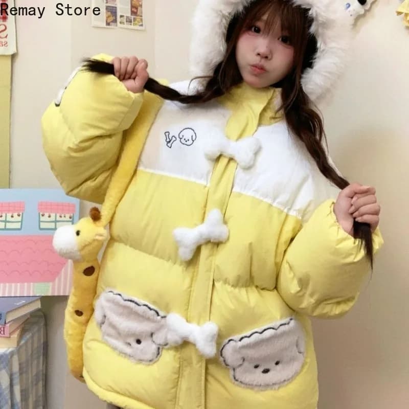 Korean Fashion Kawaii Yellow Thicken Jacket American Retro Y2k Aesthetic Japanese Lolita Loose Coat Women's Winter Coat Parkas